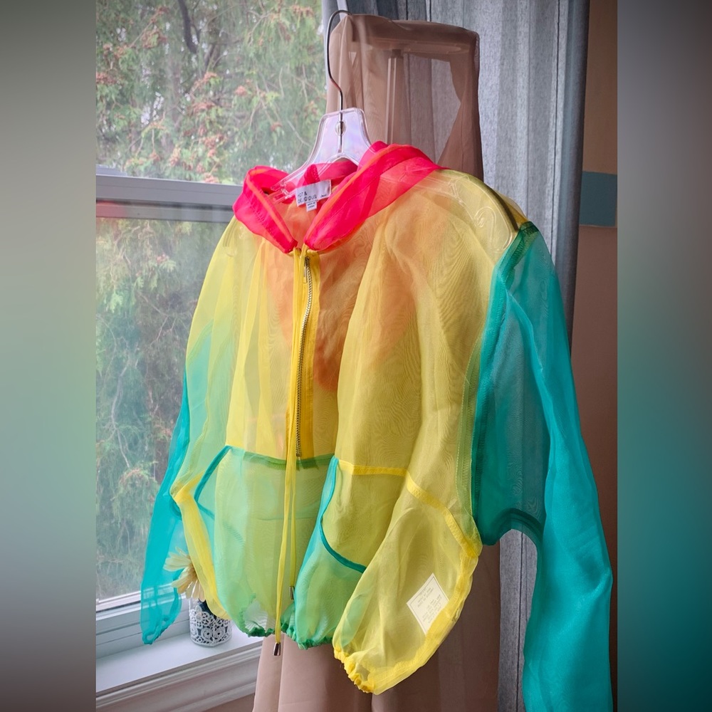 Rainbow accent mesh cropped zipper hoodie